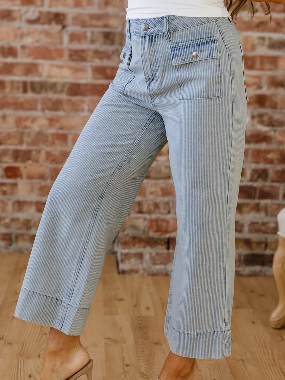 🩵Hello Gorgeous! Cute Striped Wide-Leg Cropped Jeans Light Blue